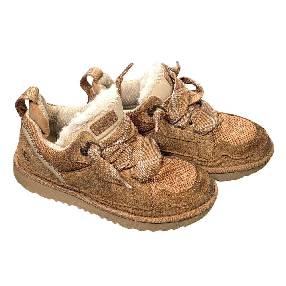 UGG Lowmel Sneakers Kids Size 2 Chestnut Tan Suede Mesh Wool Blend Lining